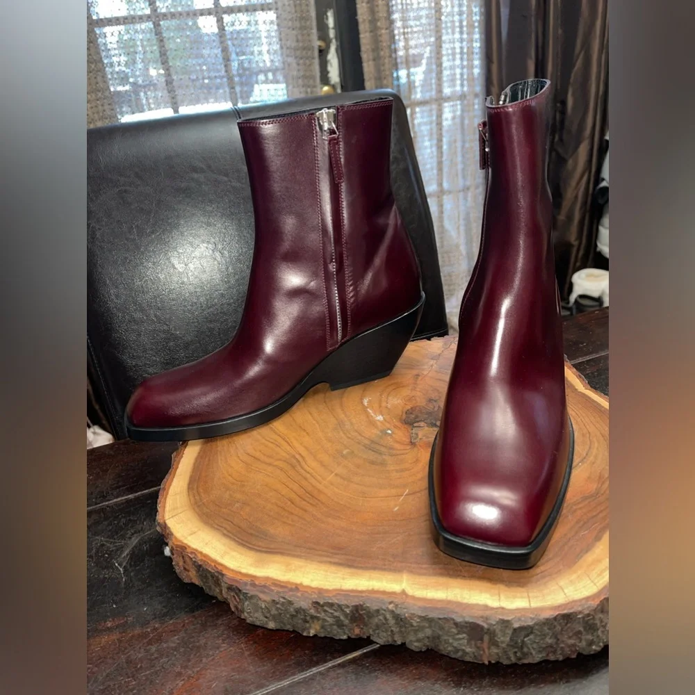 Khaite Hooper Calfskin Burgundy deep wine leather Ankle Booties - Picture 2 of 10